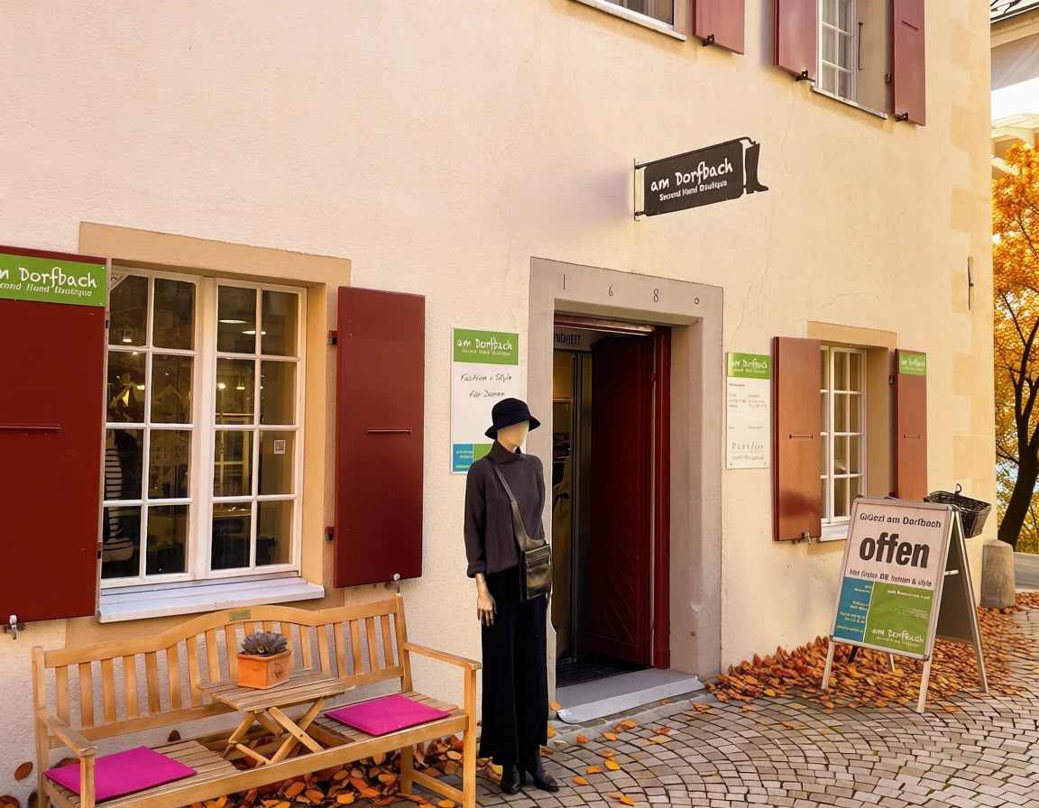 Ladeneingang der Second Hand Boutique am Dorfbach im Herbst